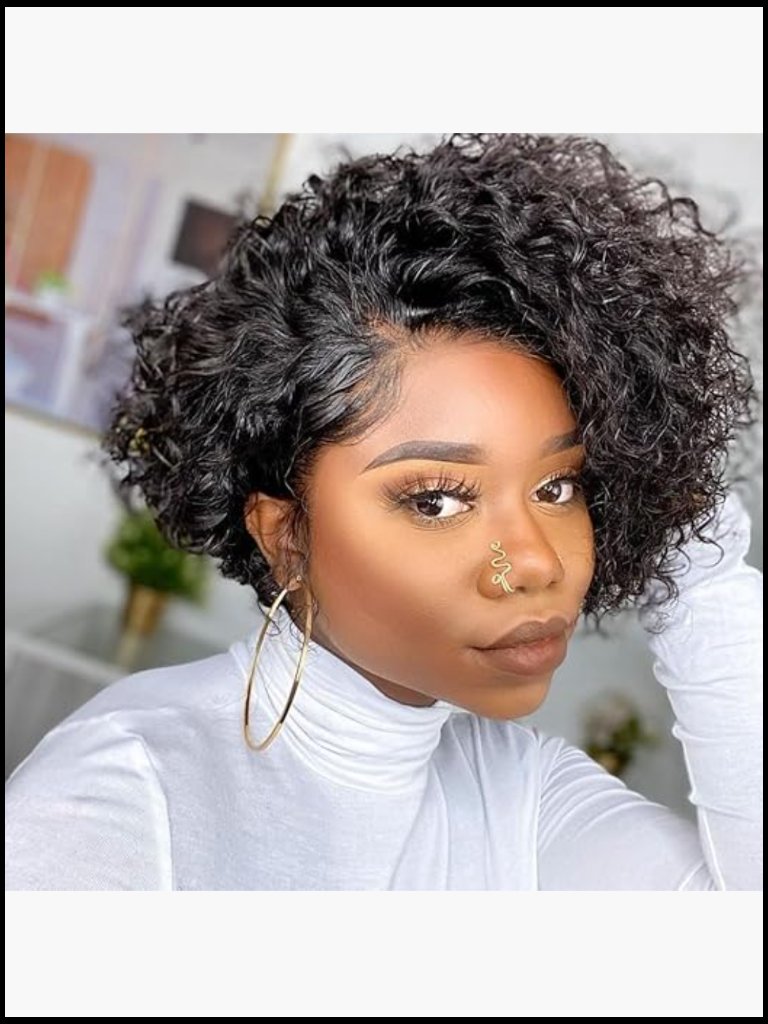 Short Curly Bob Wig With Bangs Black Women 8 Inch Pixie Cut Glueless Human Hair
